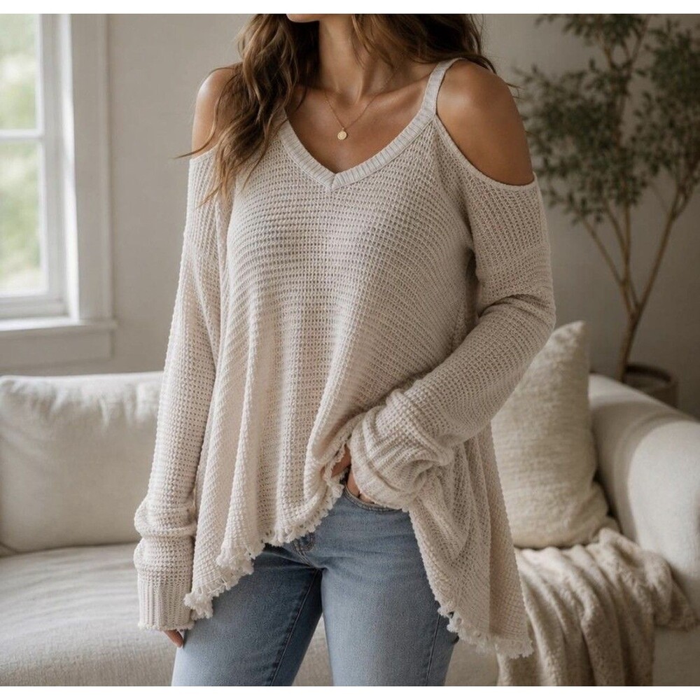 Free People Moonshine Cold Shoulder Waffle Knit Boho sweater Womens XS Cream
